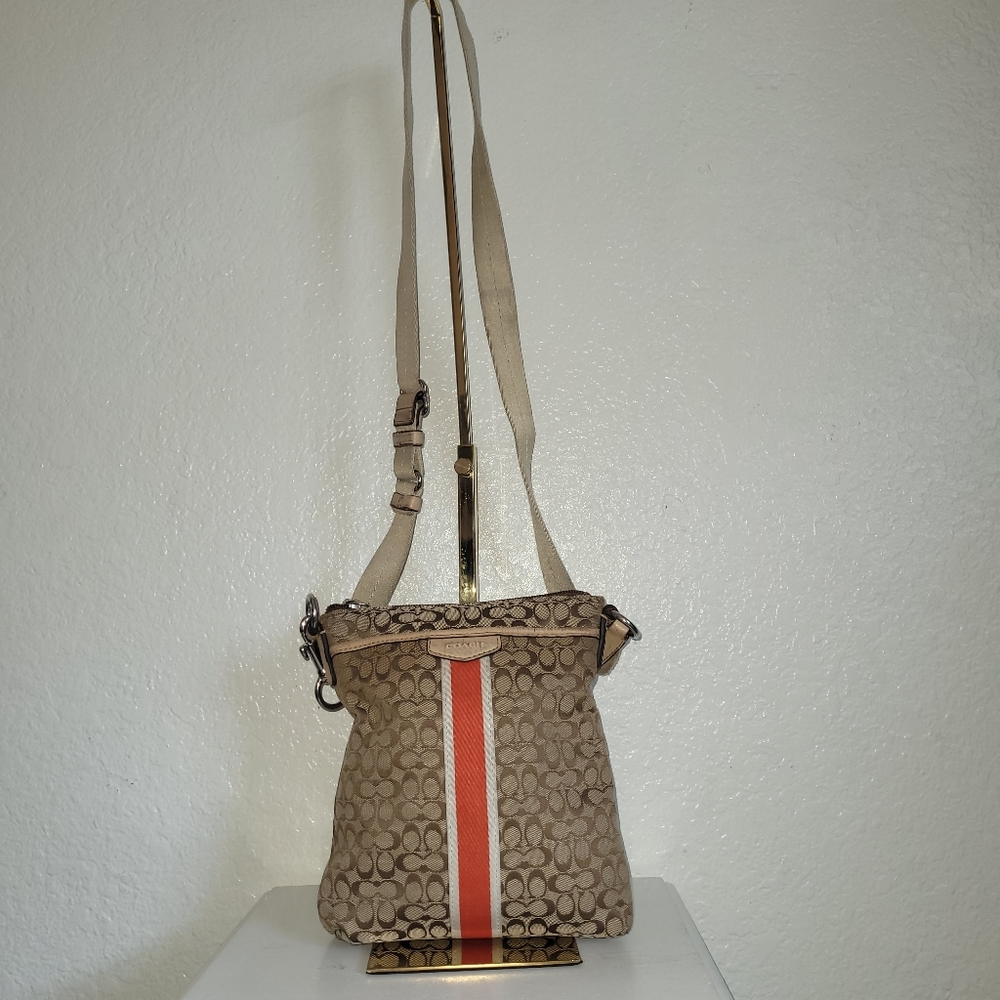 Coach Signature Strip Swingpack/ Crossbody Canvas Brown  Orange Adjustable Strap